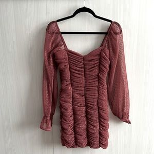 NWOT Revamped bell sleeve rusched mini dress dusty rose size m